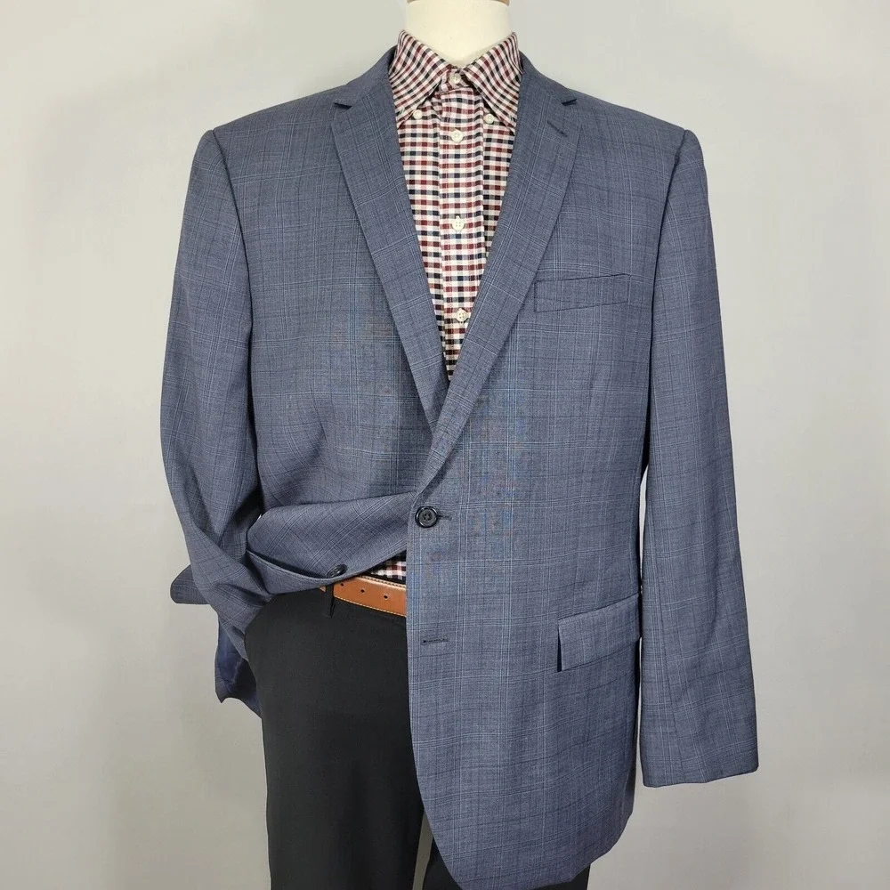 Egara Men's Sport Coat Blazer Two Button Navy Blue Plaid Wool Polyester Slim 50L
